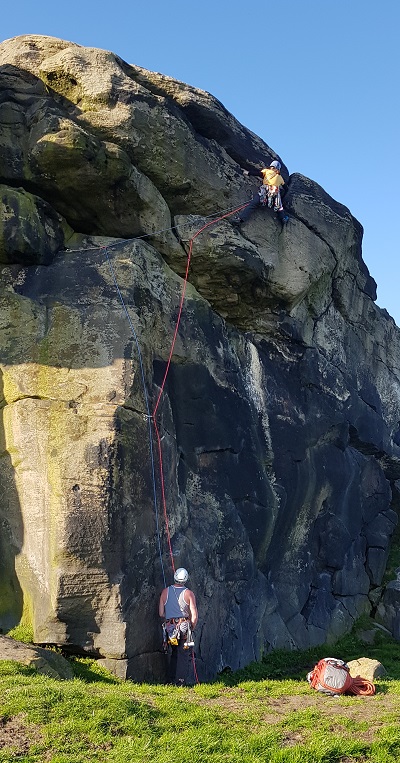 Mike leading South Wall Traverse, VS 4c, on our trip to Almscliff, Yorkshire, in May.